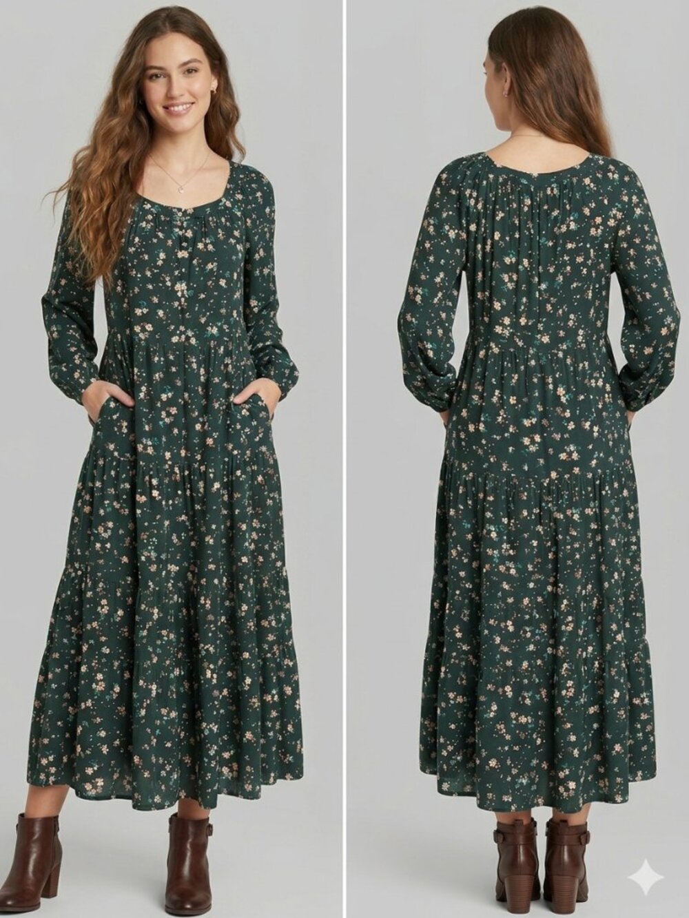 Old Navy Dark Green Floral Tiered Maxi Dress Size M Long Sleeve Boho Prairie